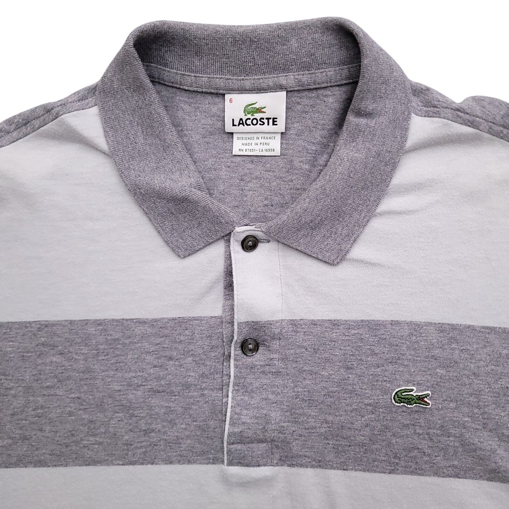 Lacoste Polo Shirt Mens XL 6 Gray Striped Pique Knit Cotton Gator Croc Logo - Picture 1 of 8